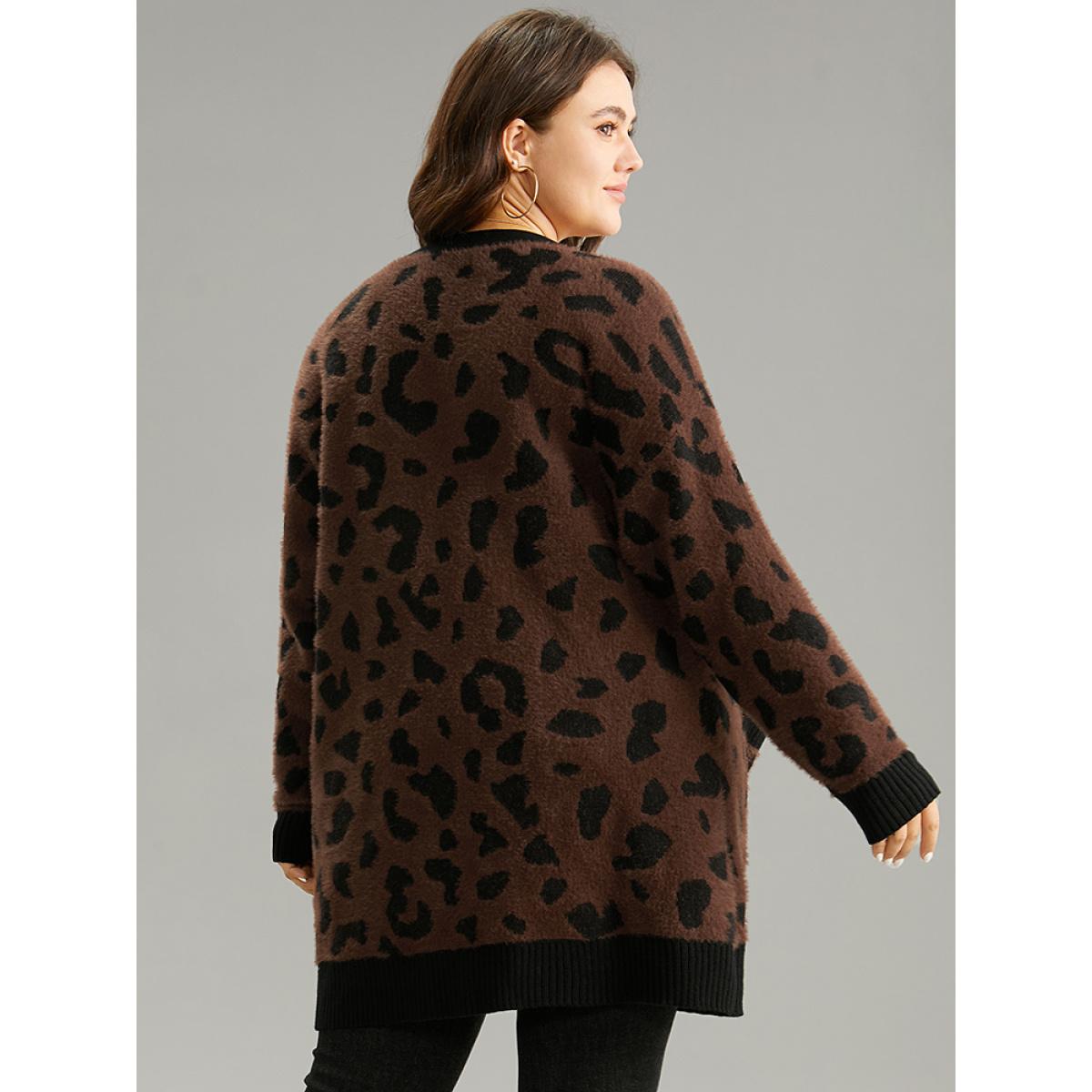Plus Size Leopard Contrast Open Front Jacquard Cardigan DarkBrown Women Casual Loose Long Sleeve Everyday Cardigans BloomChic 12/L Product Image