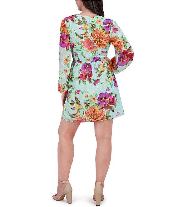 SIENA Burnout Floral Print V-Neck Long Sleeve A-Line Mini Dress Product Image