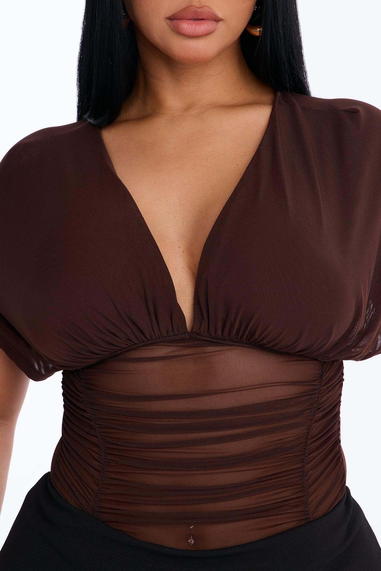 Leilani Sheer Mesh Ruched Short Sleeve Bodysuit - Brown Female Product Image