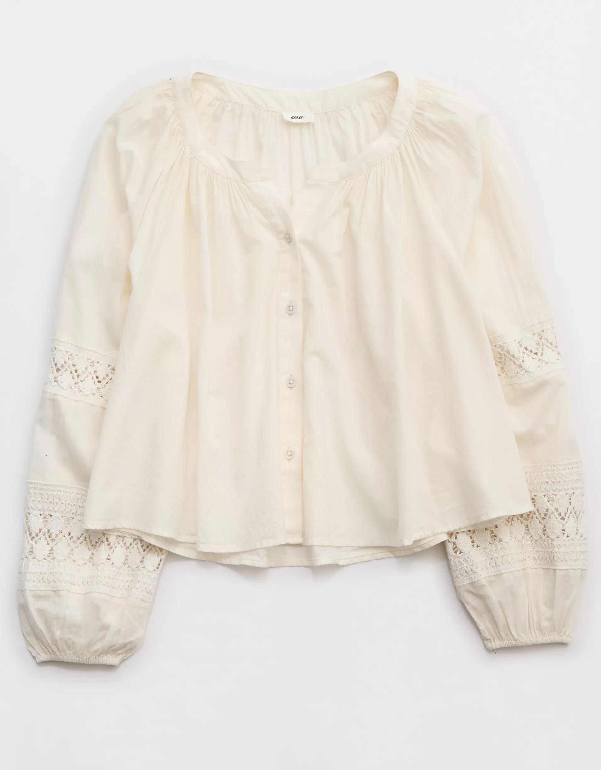 Aerie Long Sleeve Crochet Button Down Shirt Product Image