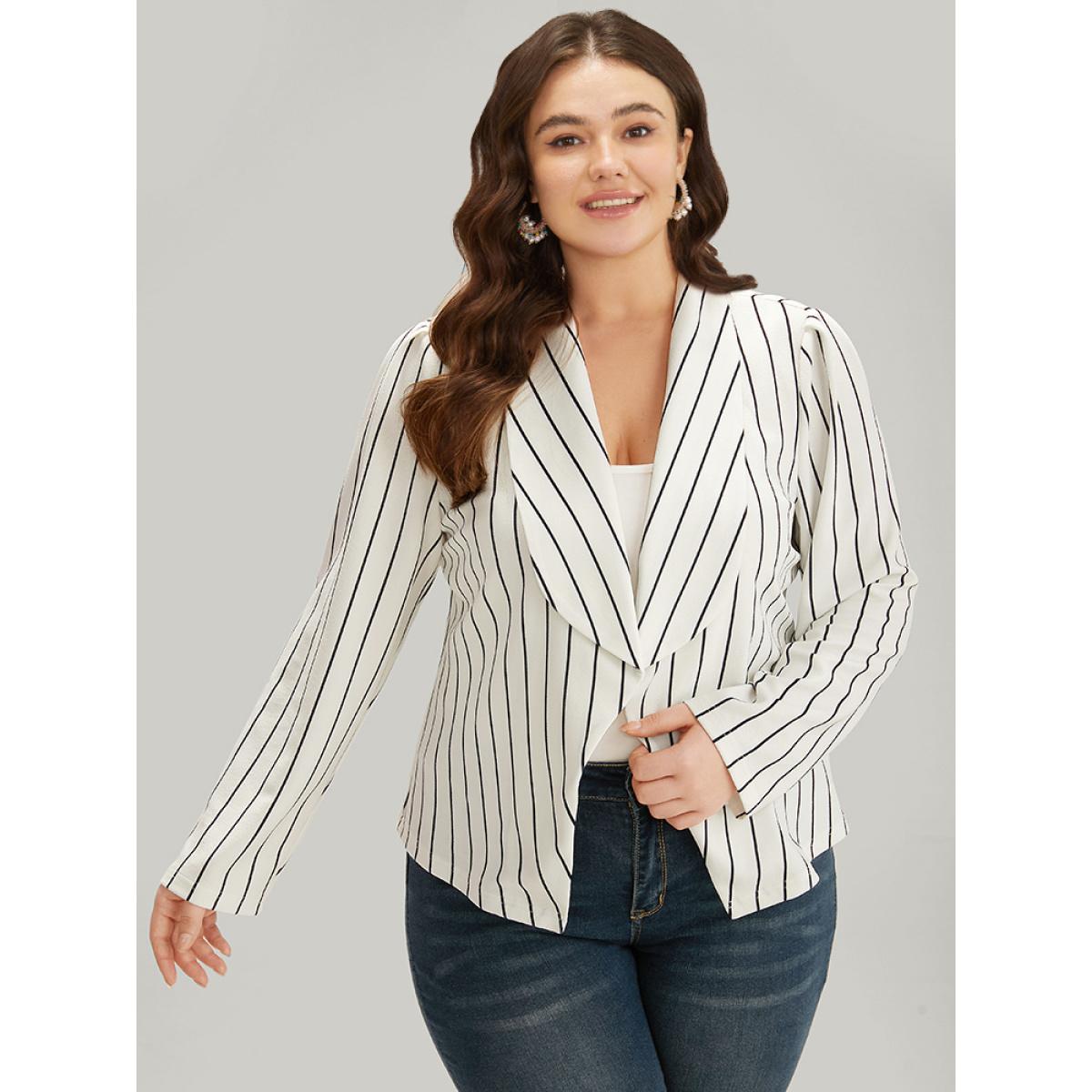 Plus Size Striped Lapel Collar Open Front Blazer White Women Office Striped Asymmetrical Sleeve Long Sleeve Lapel Collar 18-20/2X At the Office Blazers BloomChic Product Image