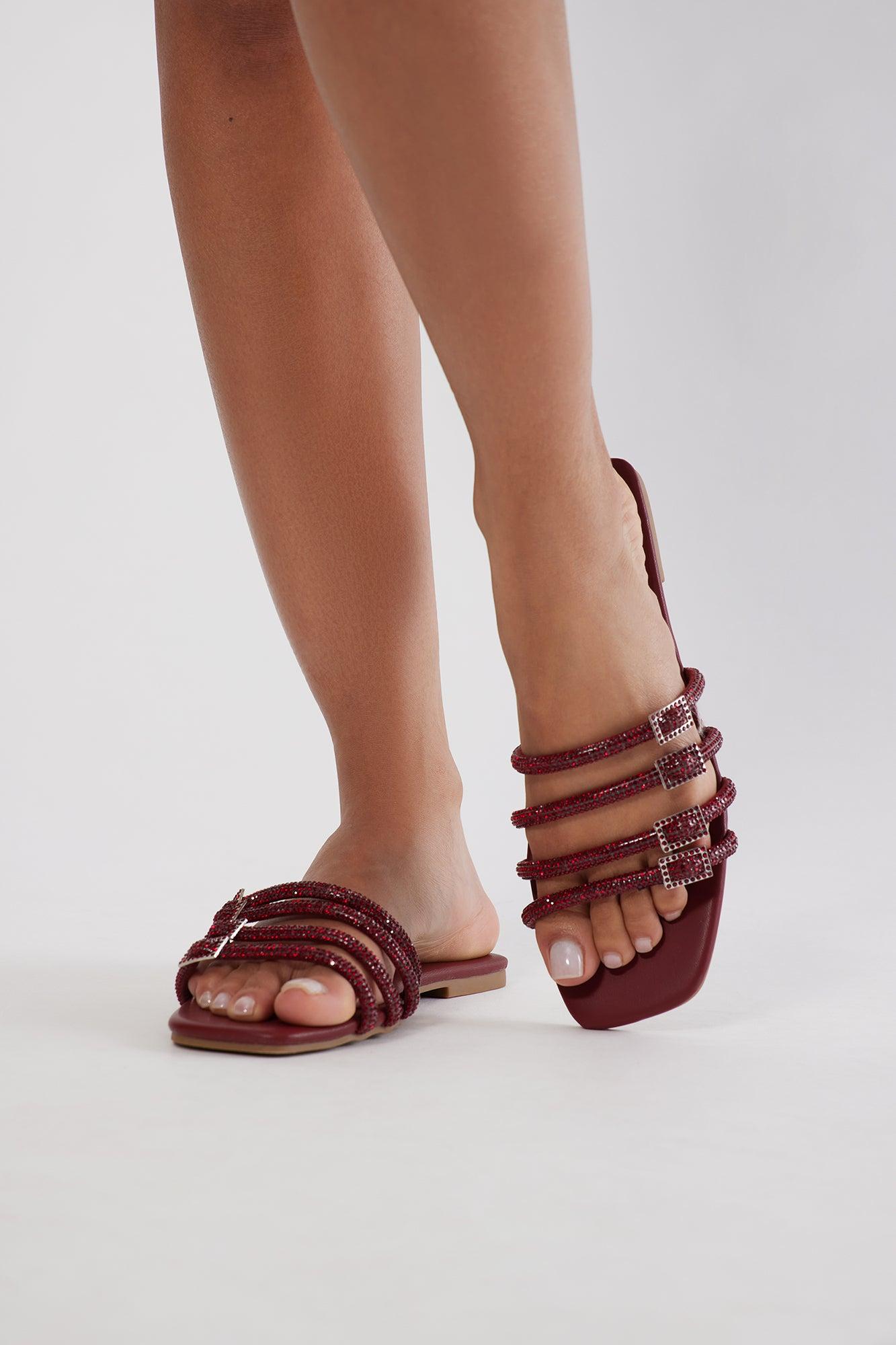 Romain Rhinestone Buckle Slip On Sandals - Wine Product Image