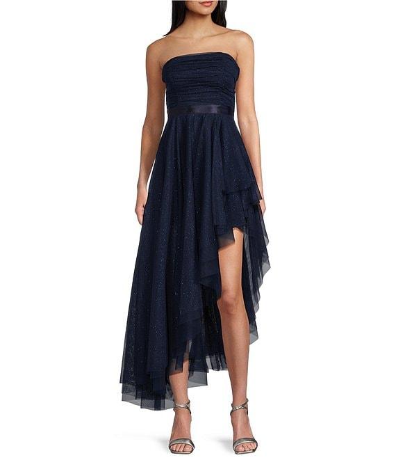 Pear Culture Strapless Lace-Up Back Asymmetrical Mesh Dress Product Image