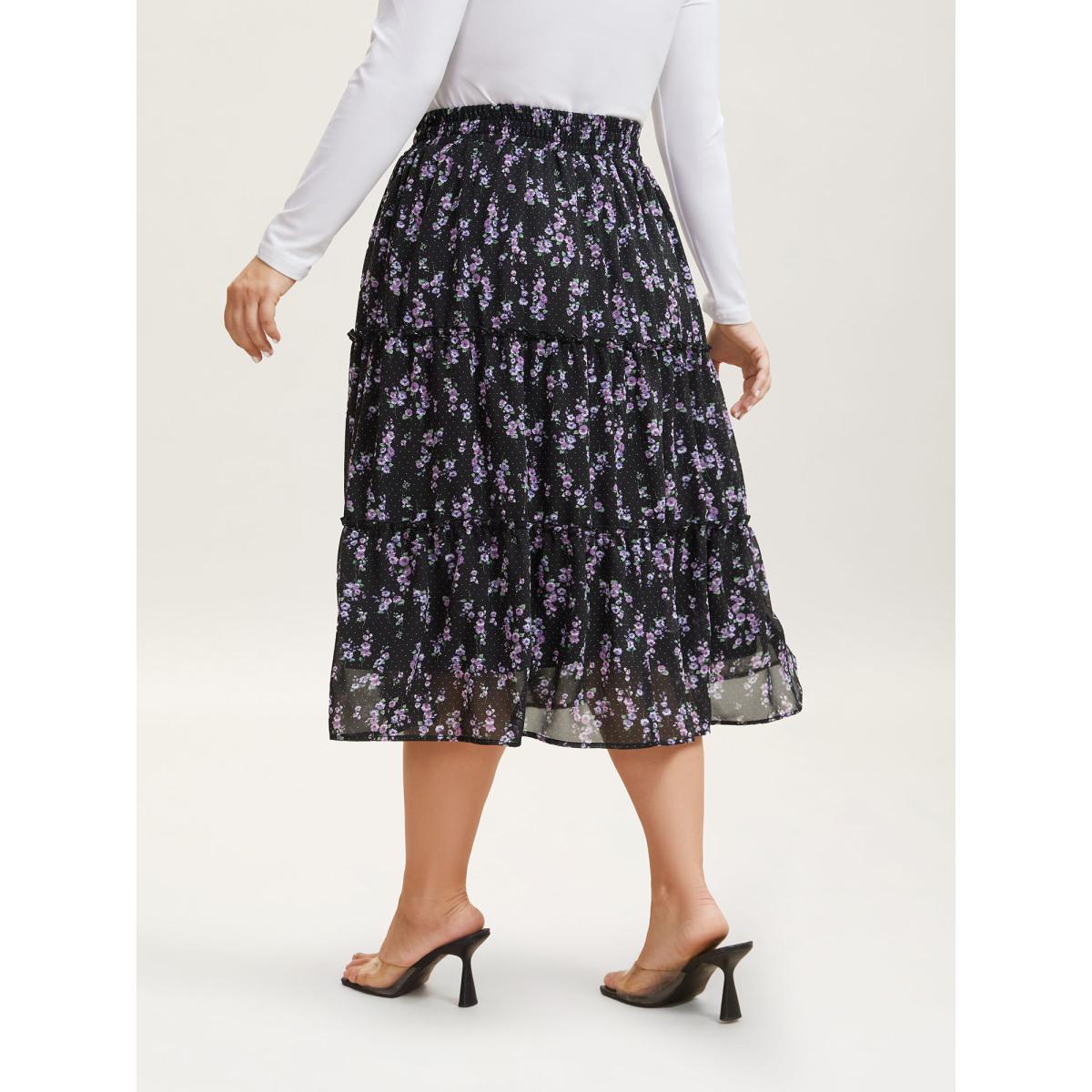 Plus Size Flirty Floral Pleated Sheer Midi Skirt Women BlackFlower Elegant See through No stretch Side seam pocket Everyday Skirts BloomChic 26/4X Product Image