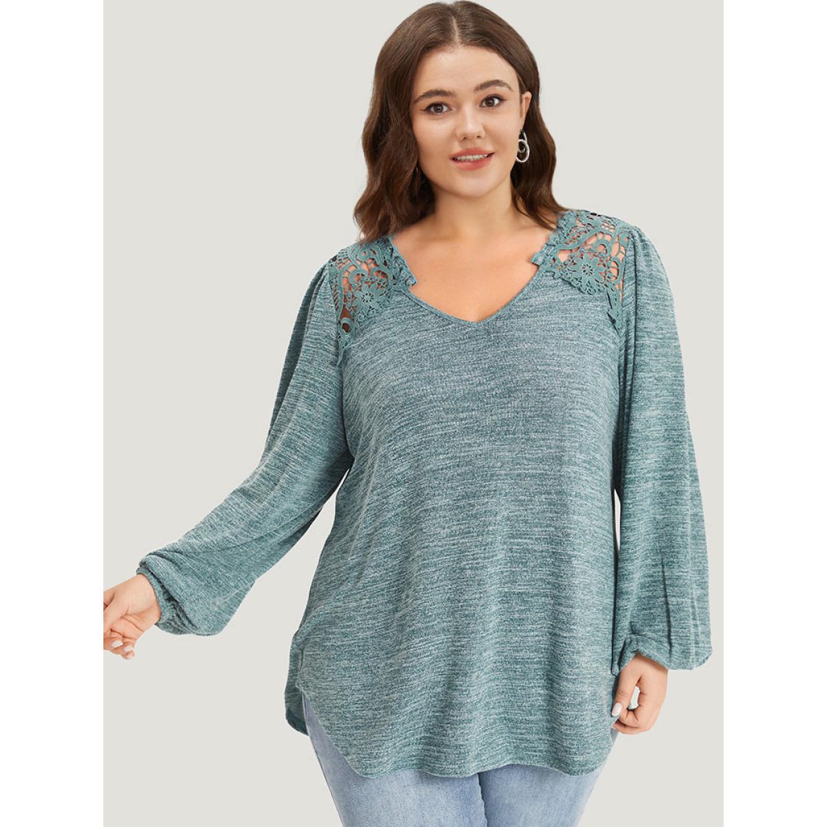 Plus Size Lace Insert Curved Hem Lantern Sleeve Sweatshirt Women Cyan Elegant Elastic cuffs V-neck Dailywear Sweatshirts BloomChic 30/6X Product Image