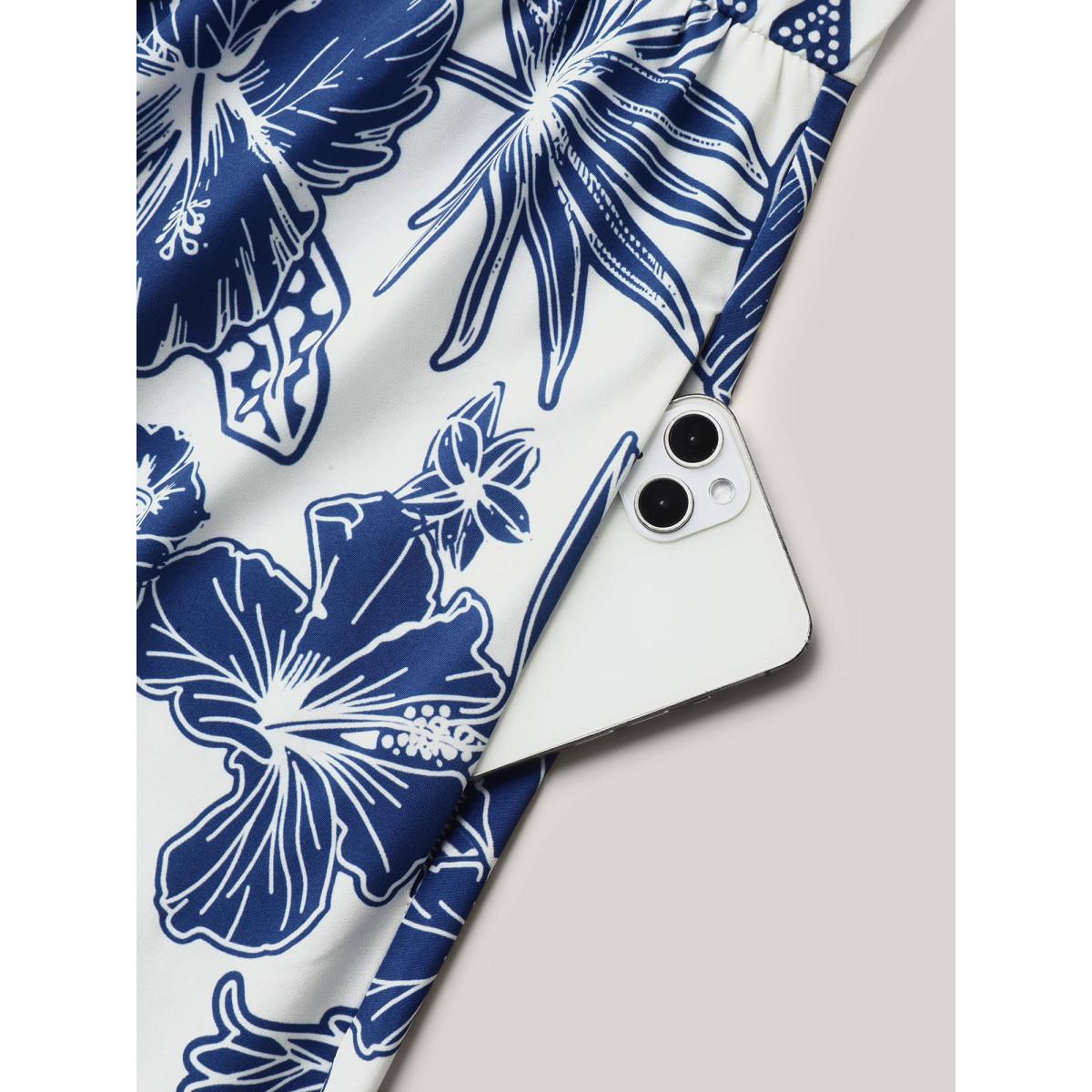 Plus Size Boho Print Fit Flare Pockets Midi Dress DarkBlue Women Resort Non Heart neckline Short sleeve Curvy BloomChic 26/4X Product Image