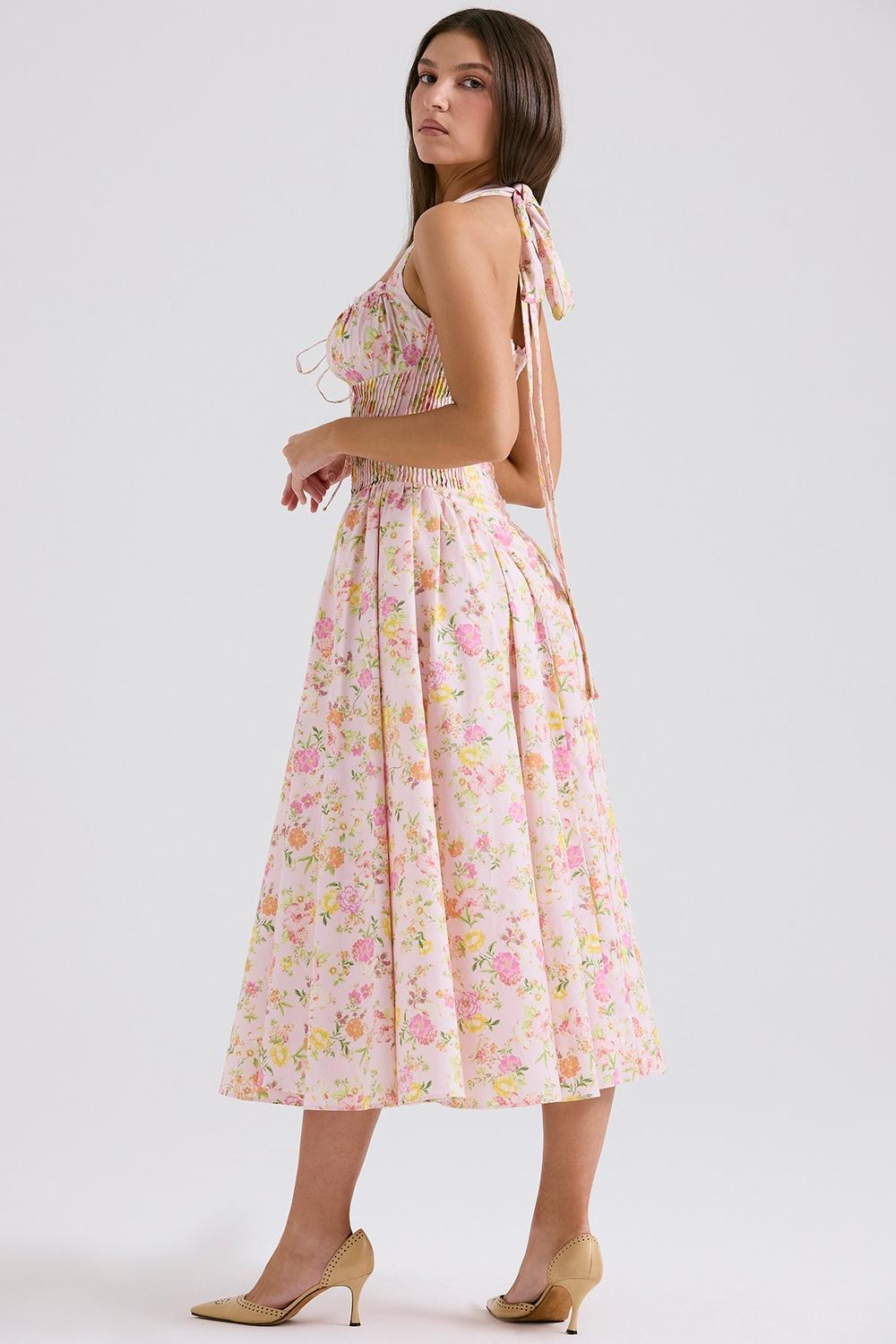 Adabella  pink meadow print cotton halter midi sundress Product Image
