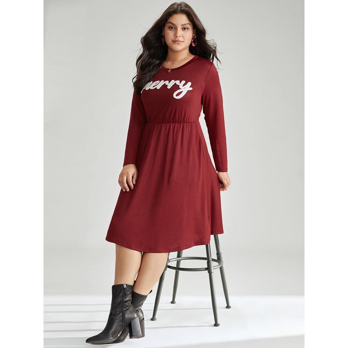 Plus Size Holiday Greetings Embroidered Pocket Elastic Waist Dress Scarlet Women Elegant Embroidered Round Neck Long Sleeve Curvy Midi Dress BloomChic 30/6X Product Image