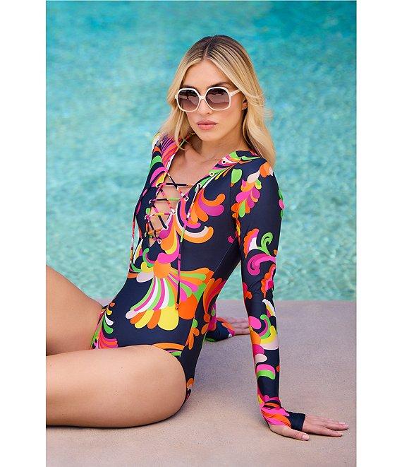 Trina Turk Poolside Swirl Long Sleeve Lace-Up Paddle One Piece Swimsuit Product Image
