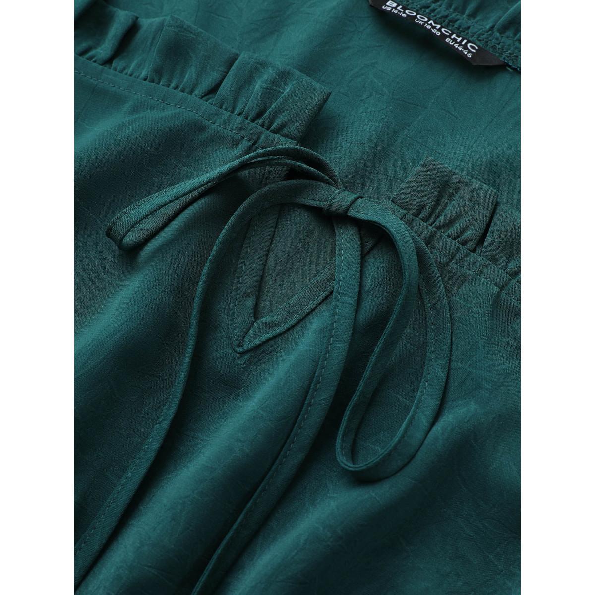 Plus Size Solid Pleated Patchwork Frill Trim Tie Neck Dress Cyan Women Elegant Non V-neck Long Sleeve Curvy Midi Dress BloomChic 26/4X Product Image