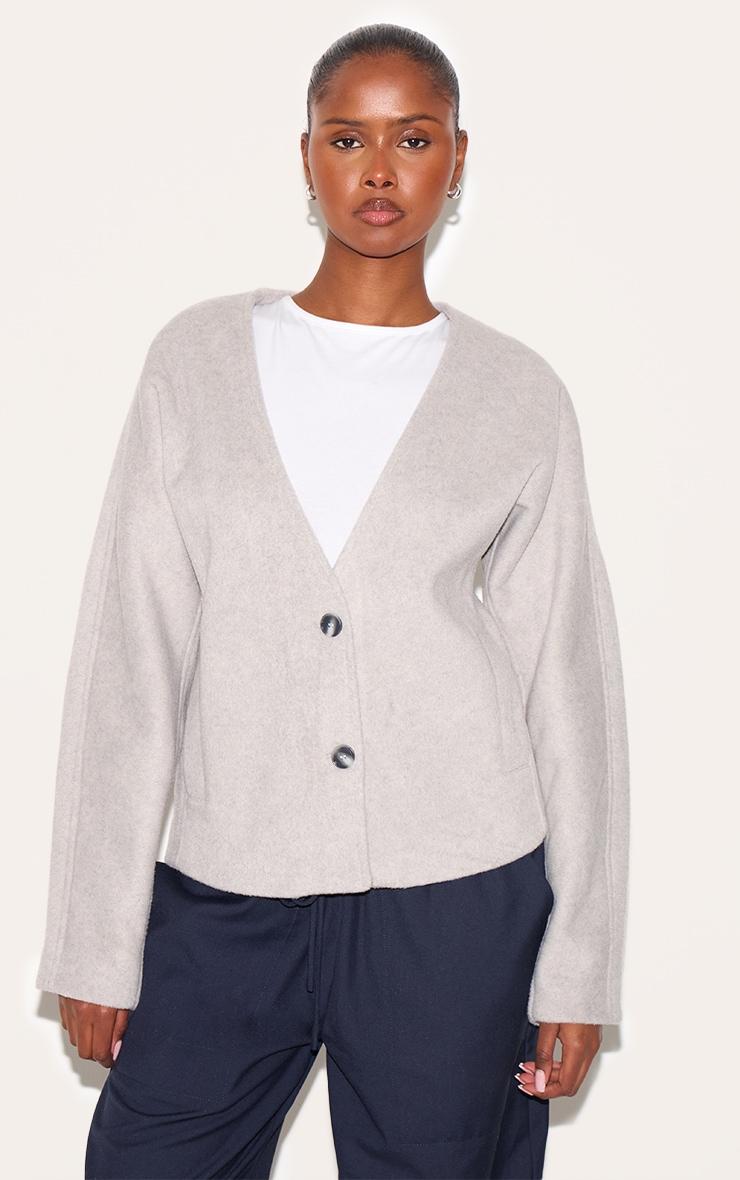Grey Wool Look Button Up V Neck Jacket Product Image