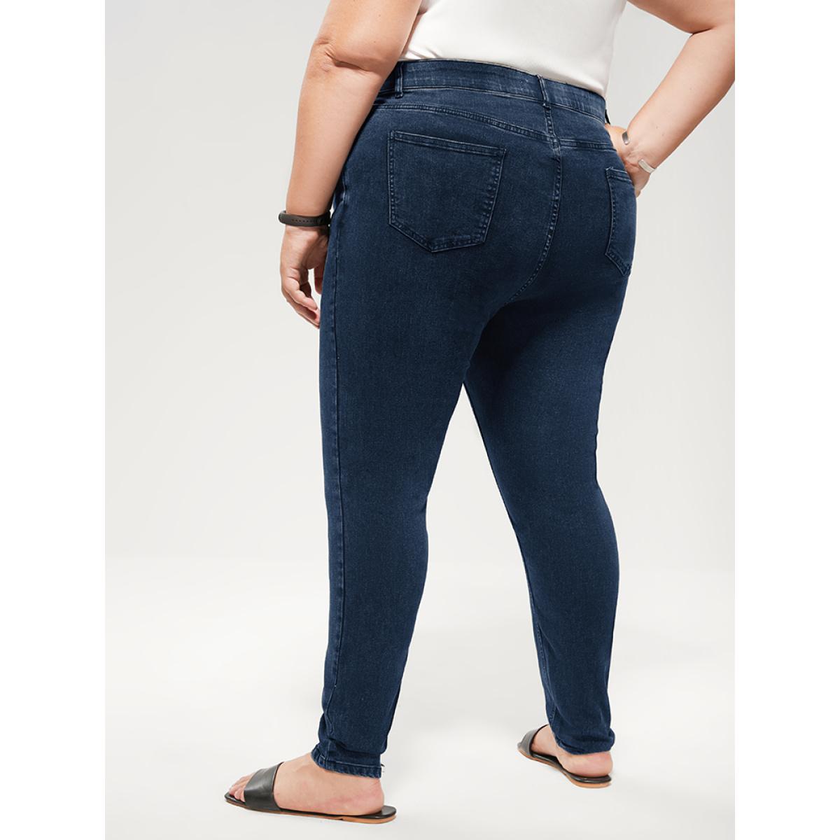 Plus Size Skinny Very Stretchy Mid Rise Dark Wash Gap Proof Jeans Women DarkBlue Office Plain Gap-proof High stretch Pocket Jeans BloomChic 30/6X Product Image