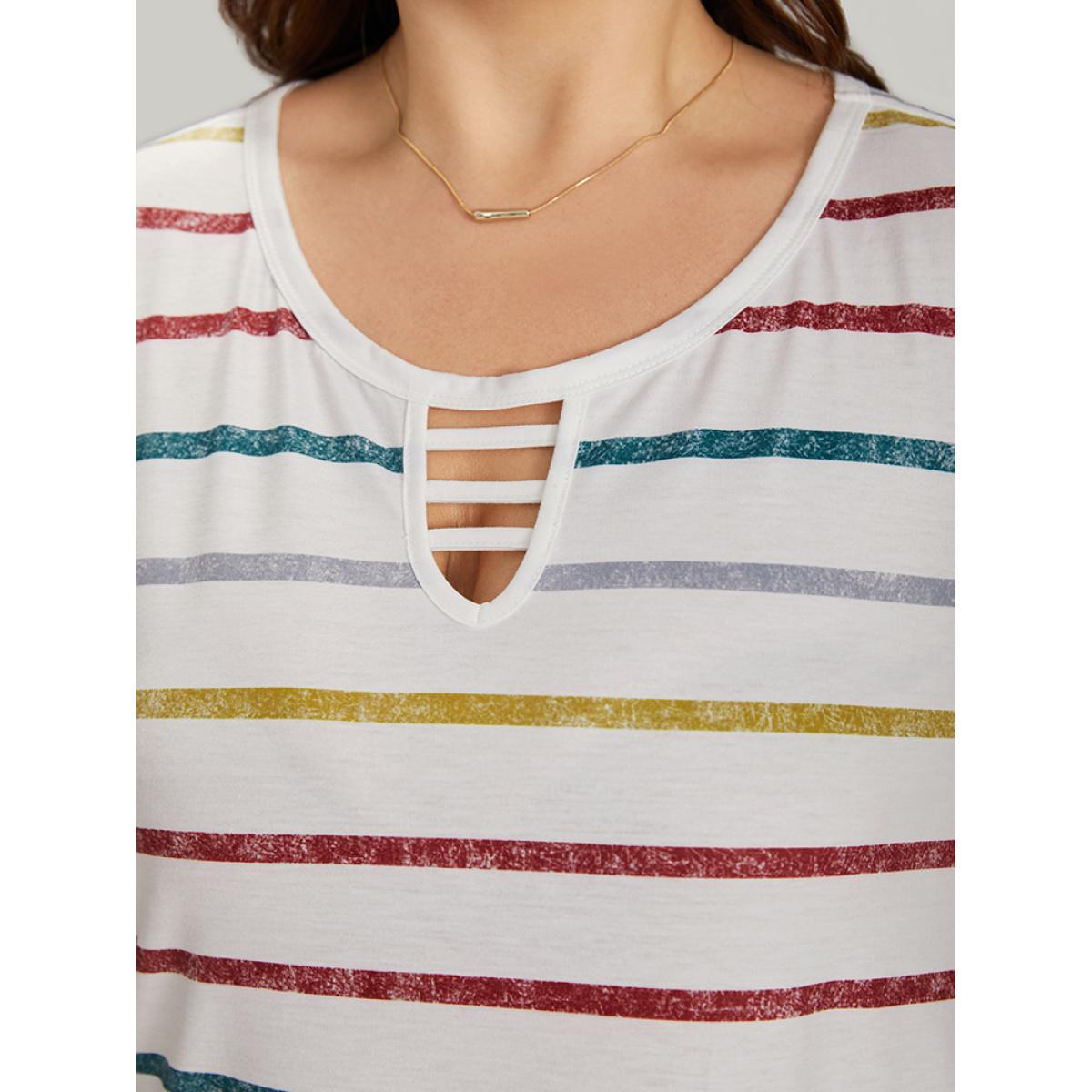 Plus Size Colour Striped Print Pocket Keyhole Arc Hem Dress Multicolor Women Casual Arc Hem Keyhole Cut-Out Short sleeve Curvy Knee Dress BloomChic 10/M Product Image