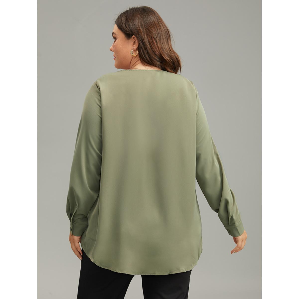 Plus Size ArmyGreen Lapel Collar Button Up Blouse Women Office Long Sleeve Lapel Collar Office Blouses BloomChic 14-16/1X Product Image