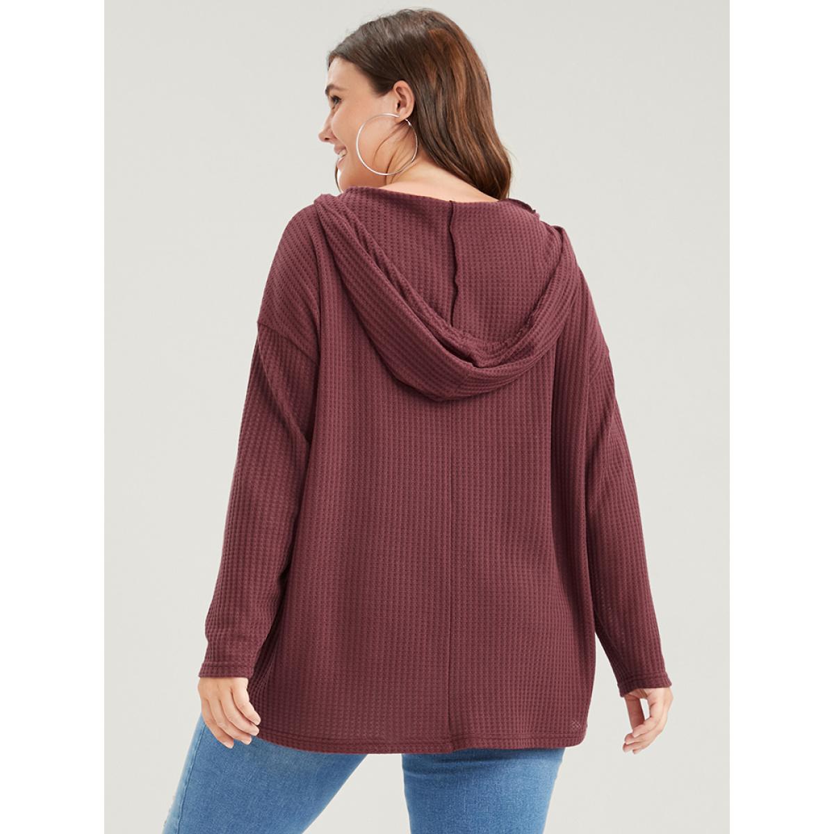 Plus Size Plain Ties Waffle Knit Hooded Sweatshirt Women Scarlet Casual Plain Hooded Dailywear Sweatshirts BloomChic 26/4X Product Image
