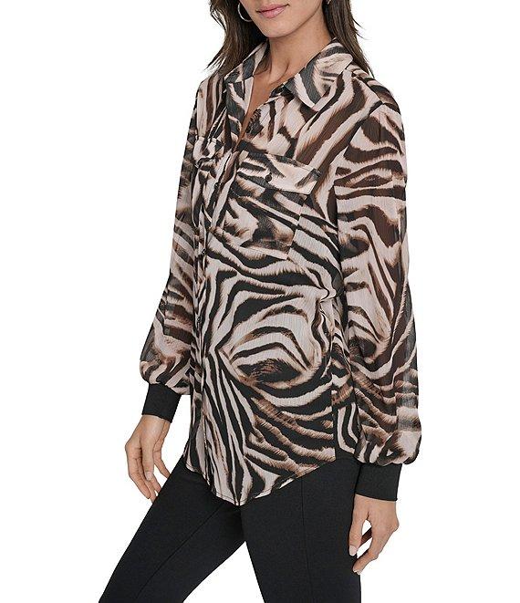 DKNY by Donna Karan Zebra Print Crinkle Chiffon Long Sleeve Collared Button Front Blouse Product Image