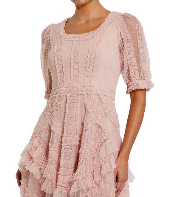 Mac Duggal Short Sleeve Micro Ruffle Mesh Aline Midi Dress Product Image