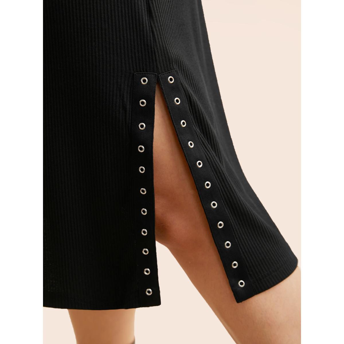 Plus Size Crew Neck Eyelet Split Hem Dress Black Women Casual Eyelet Round Neck Long Sleeve Curvy BloomChic 14-16/1X Product Image