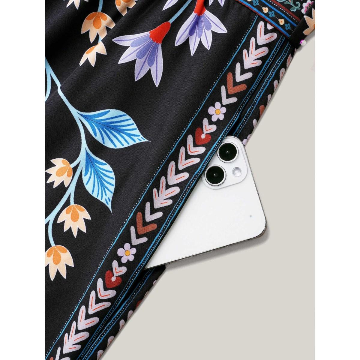 Plus Size Black Deep V-Neck Tropical Print Jumpsuit Women Resort Half Sleeve V-neck Vacation Loose Jumpsuits BloomChic 26/4X Product Image