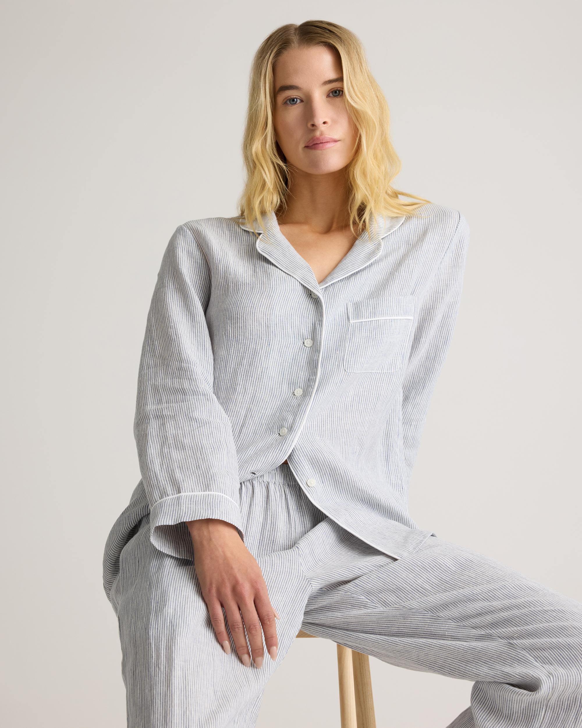 Quince | Women's 100% European Linen Long Sleeve Pajama Set with Piping Product Image