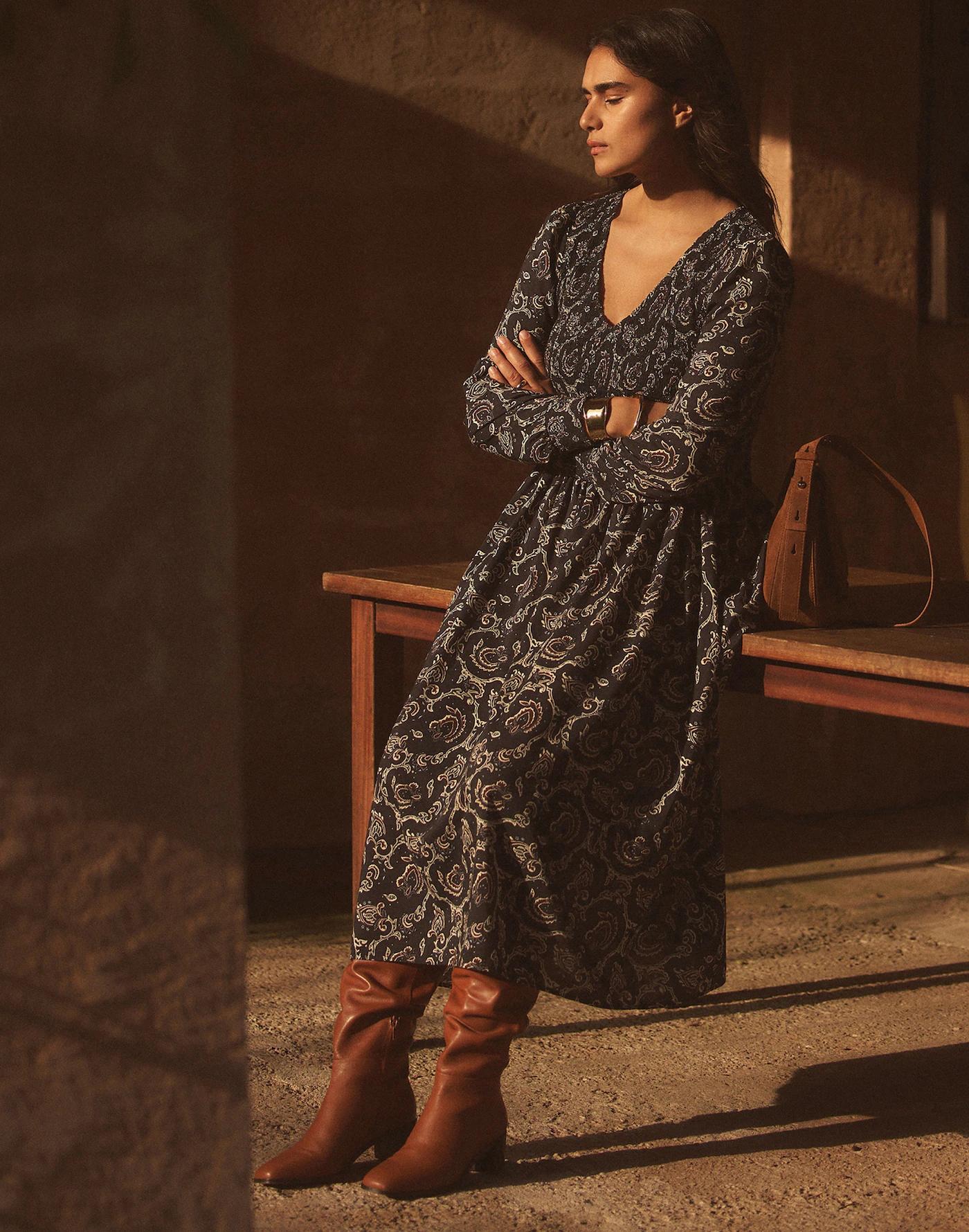 Smocked V-Neck Midi Dress in Paisley Product Image