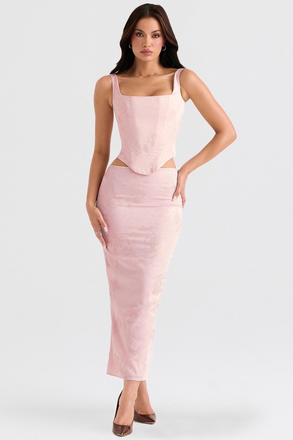 Luisette  pink metallic floral satin midi skirt Product Image