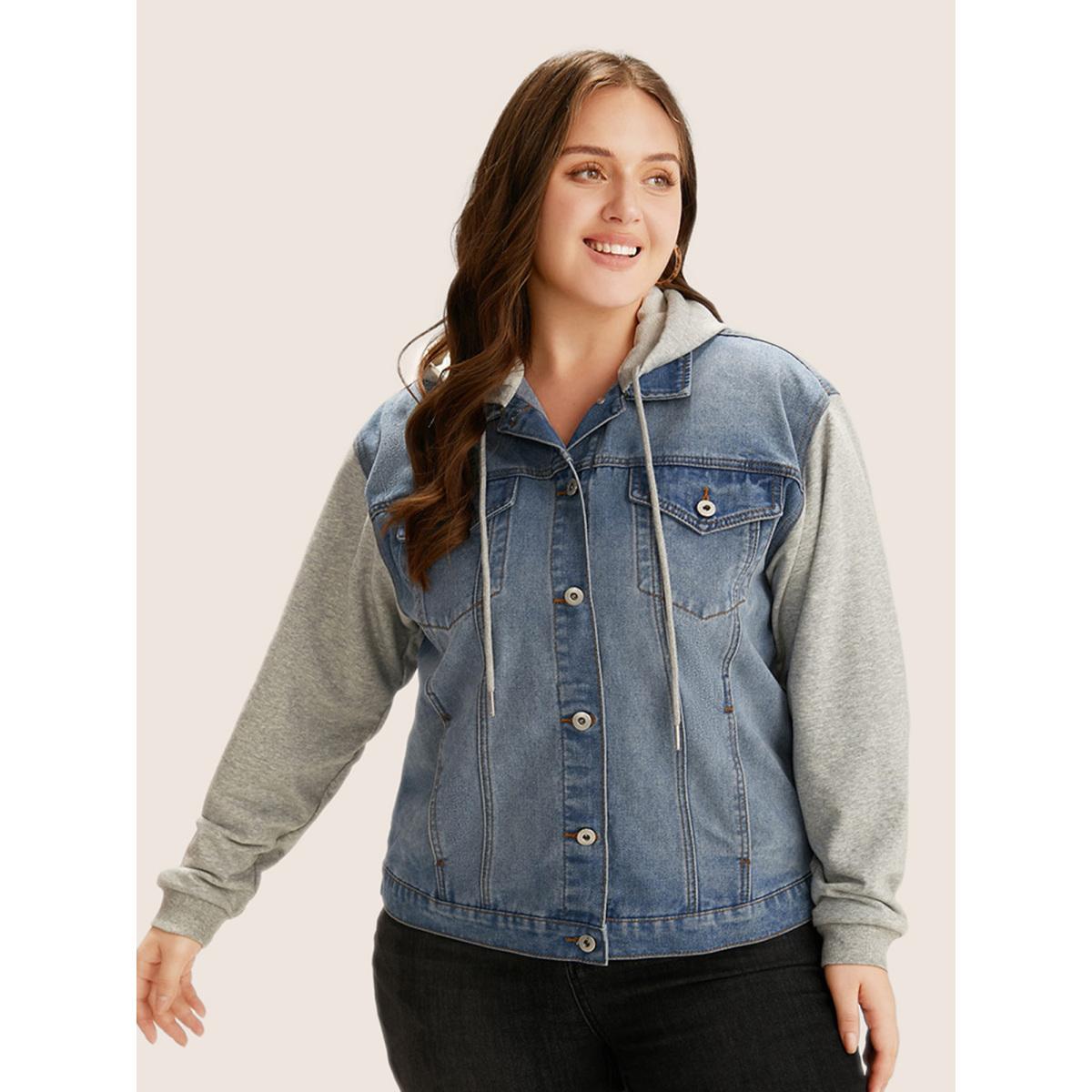 Women Hooded Patchwork Flap Pocket Denim Jacket Stone Plus Size Plain Contrast Casual Slanted pocket Leisure Denim Jackets BloomChic 28/5X Product Image