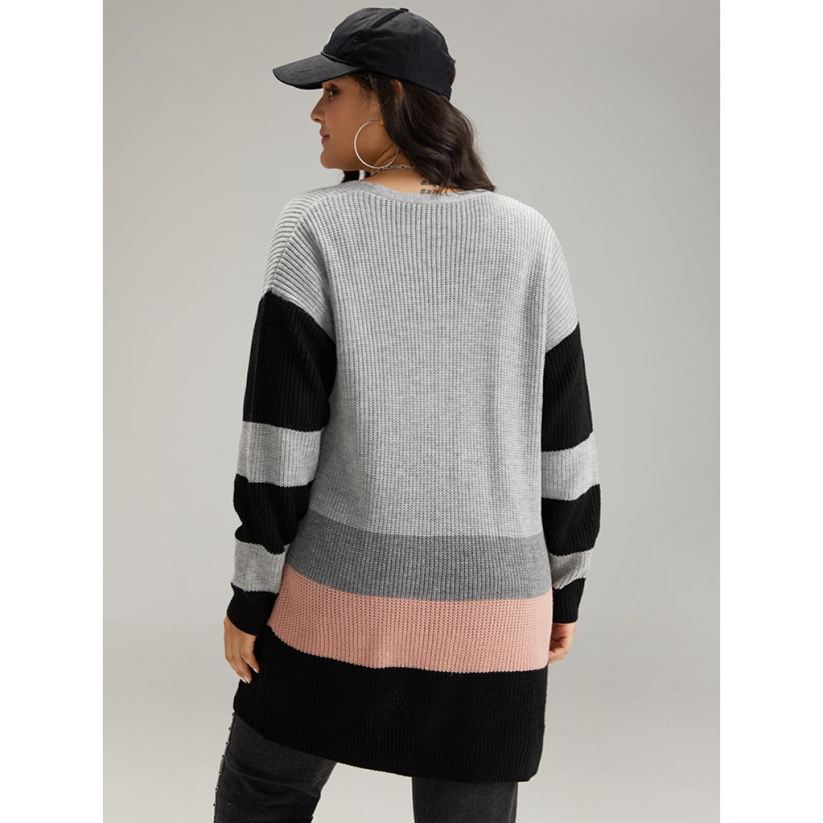 Plus Size Contrast Colorblock Open Front Cardigan Multicolor Women Casual Loose Long Sleeve Dailywear Cardigans BloomChic 26/4X Product Image