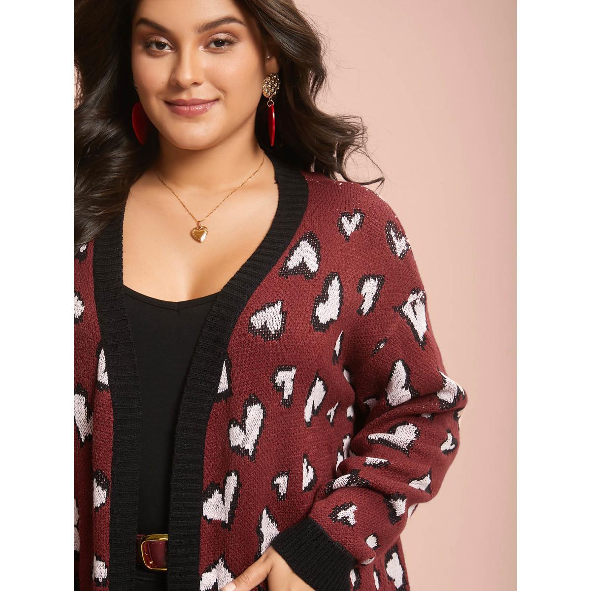 Plus Size Hearts All Over Open Front Contrast Cardigan Deepred Women Leisure Loose Long Sleeve Casual Cardigans BloomChic 30/6X Product Image