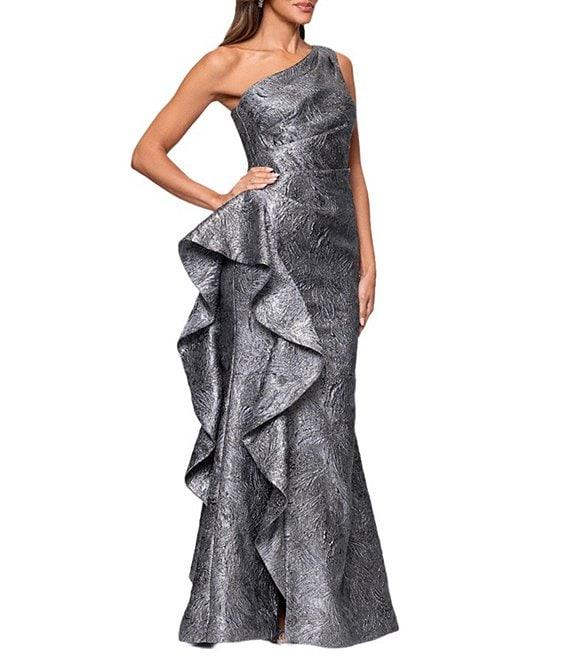 Xscape One Shoulder Metallic Jacquard Gown With Ruffle Product Image