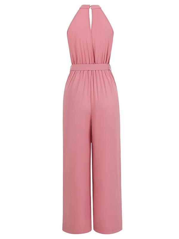High Waisted Loose Pleated Solid Color Split-Front Tied Waist Halter-Neck Jumpsuits Product Image