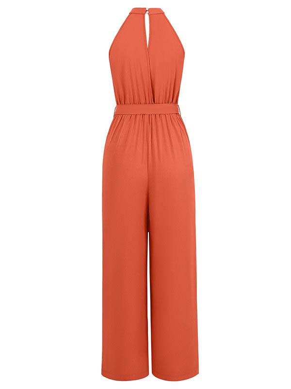 High Waisted Loose Pleated Solid Color Split-Front Tied Waist Halter-Neck Jumpsuits Product Image