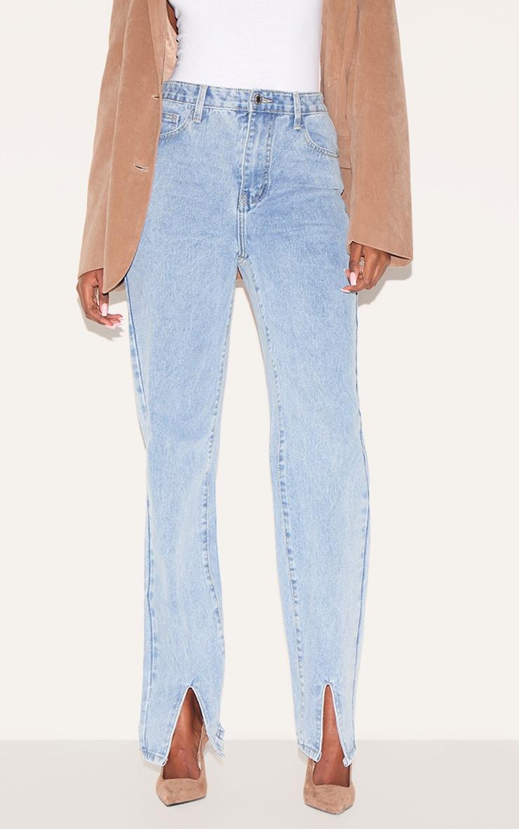 Light Blue Wash Front Split Long Leg Straight Jeans Product Image