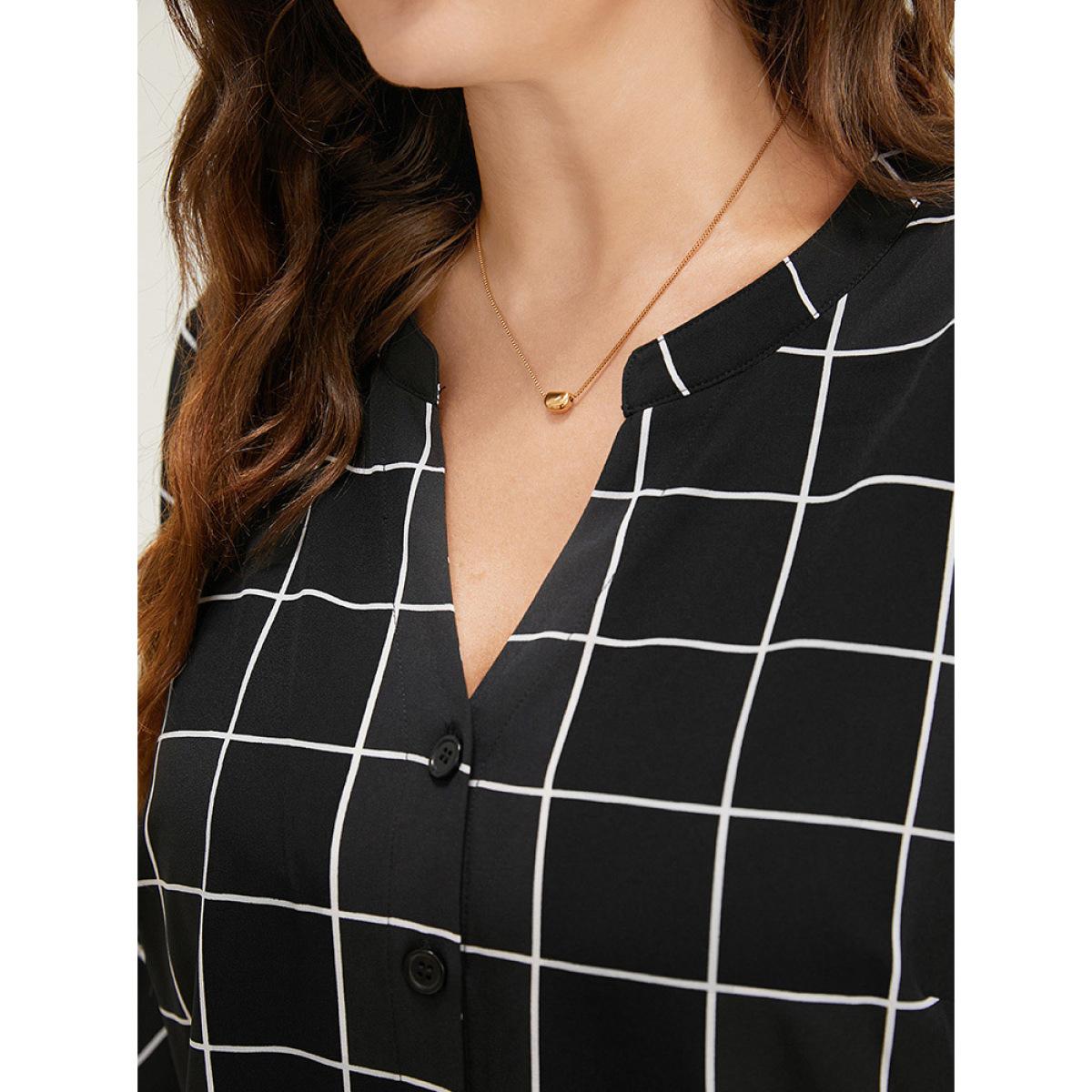 Plus Size Black Plaid Notched Button Up Ruffle Sleeve Split Hem Blouse Women Office Elbow-length sleeve Notched collar Work Blouses BloomChic 28/5X Product Image