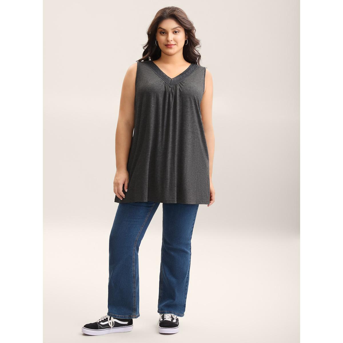 Plus Size Lace Spliced Pleated Sleeveless Solid Top Women DimGray Casual Woven ribbon&lace trim V-neck Everyday-Casual Tank Tops Camis BloomChic 22-24/3X Product Image