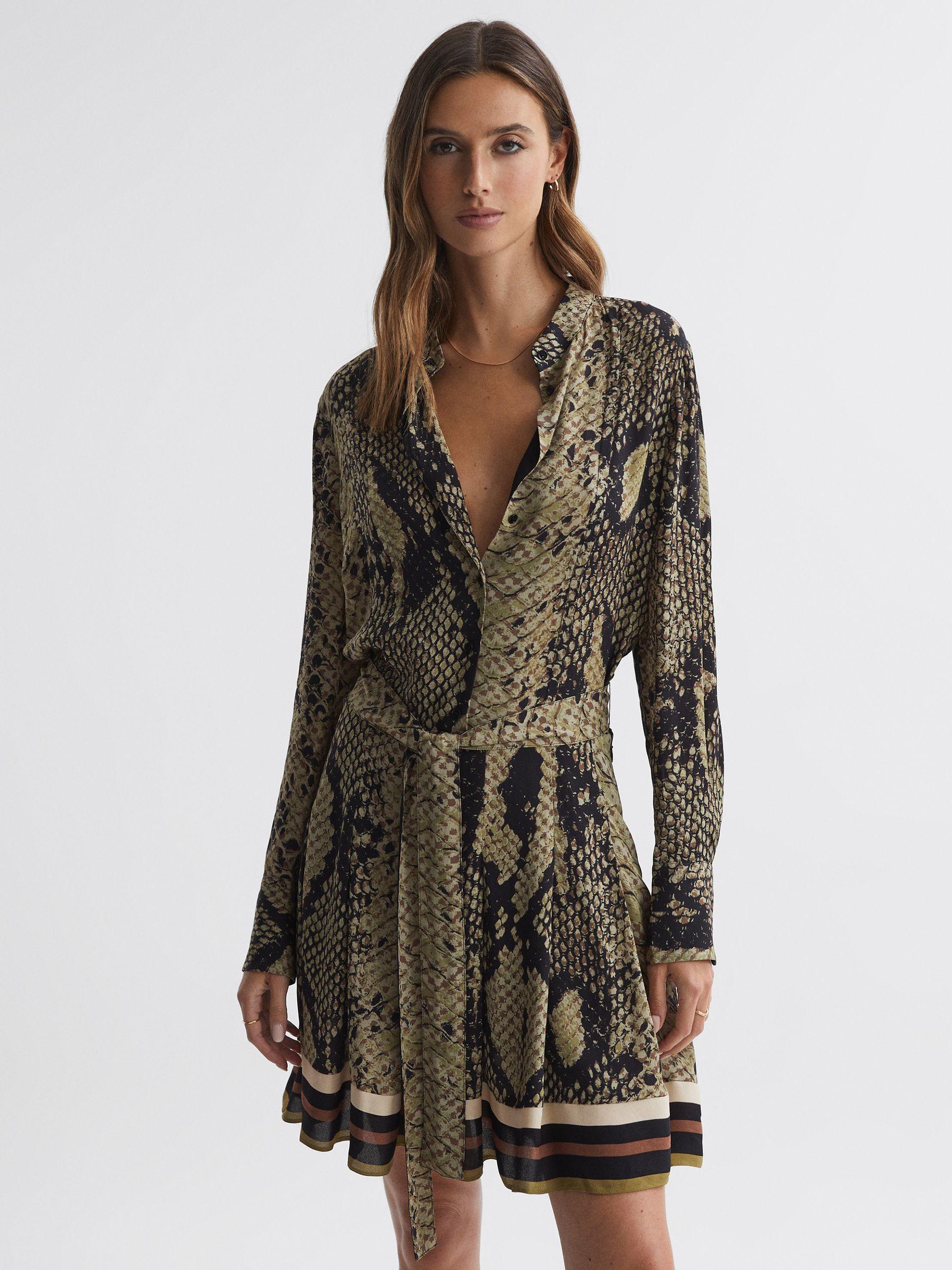 Snake Print Belted Mini Dress in Brown Product Image