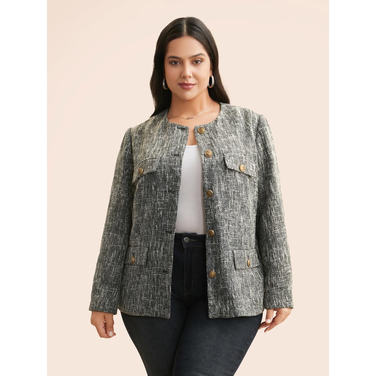 Plus Size Tweed Button Up Flap Pocket Jacket Women Black Button Open pocket with flap Everyday Jackets BloomChic 22-24/3X Product Image