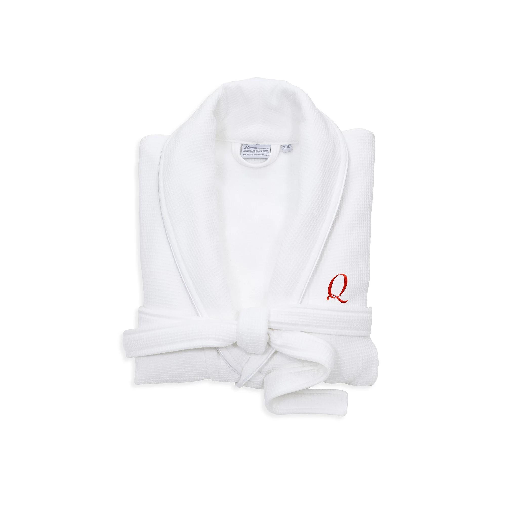 Linum Home Textiles Turkish Cotton Personalized Satin Piped Trim Waffle Terry White Bathrobe, Adult Unisex,  Product Image