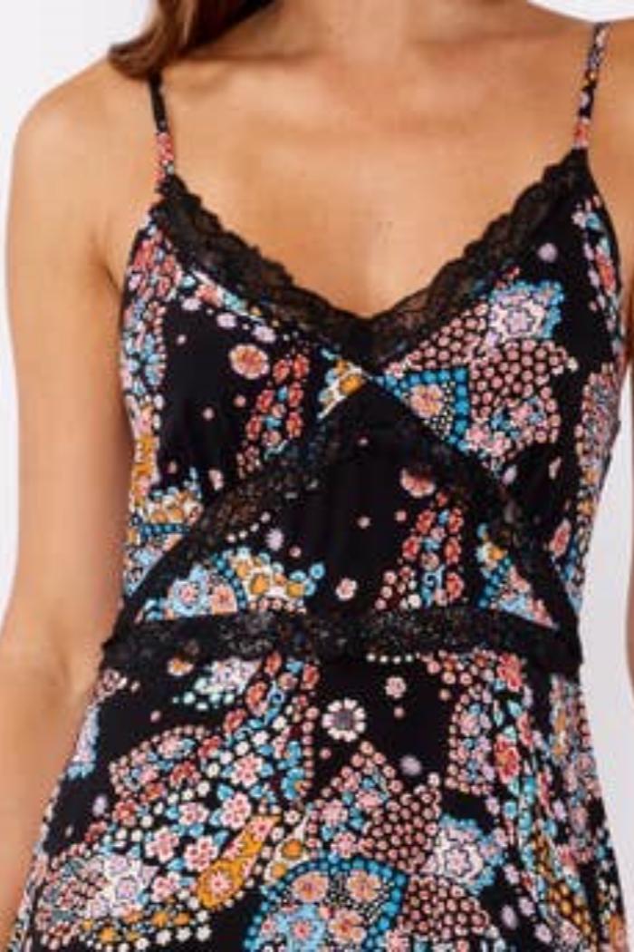 Floral Spaghetti Strap Lace Trim Maxi Dress Product Image