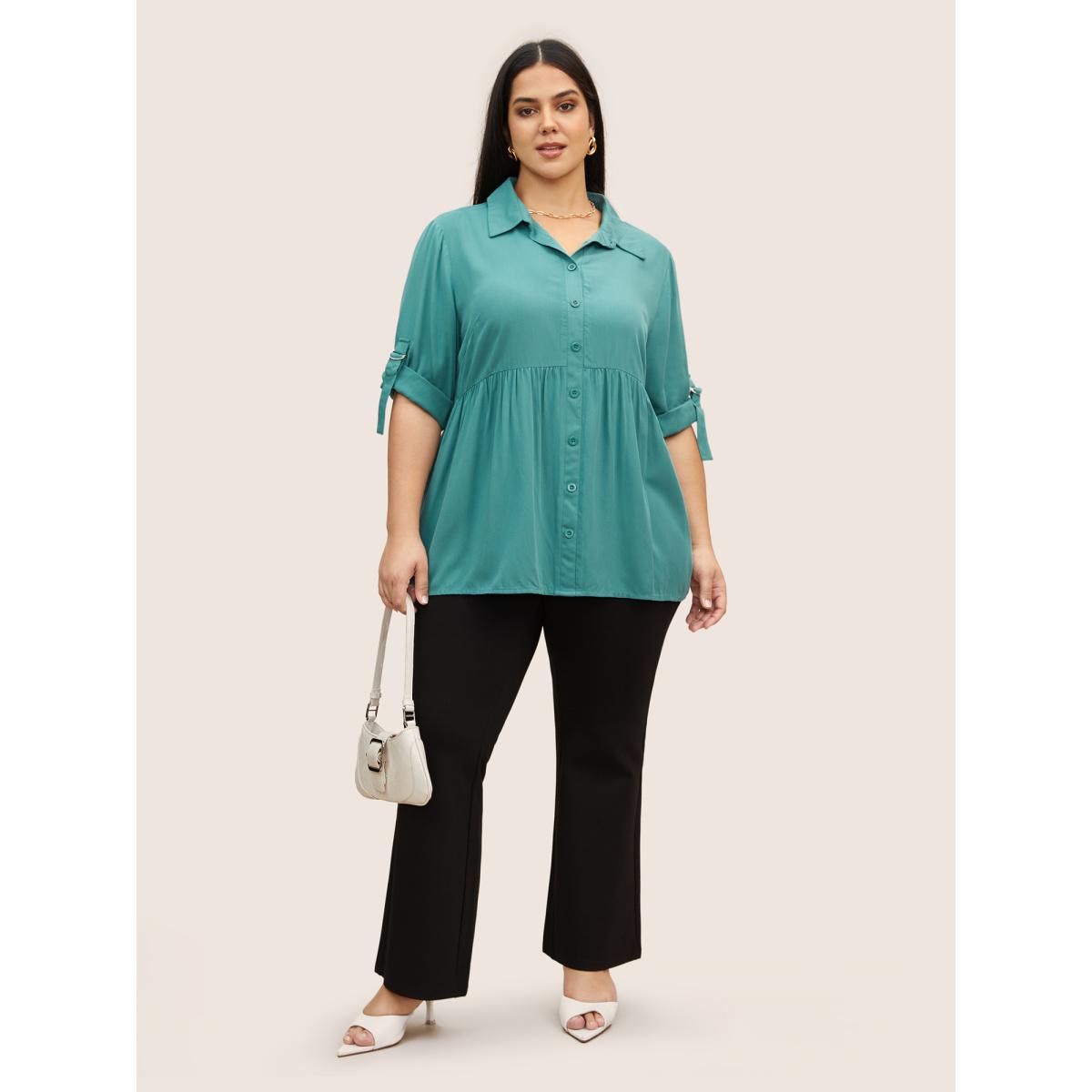 Plus Size Emerald Rayon Shirt Collar Button Cuff Sleeve Blouse Women Work From Home Elbow-length sleeve Shirt collar Work Blouses BloomChic 12/L Product Image