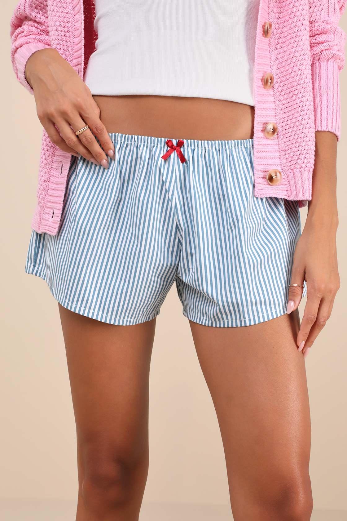 Rata Blue and White Striped Cotton Poplin Shorts Product Image