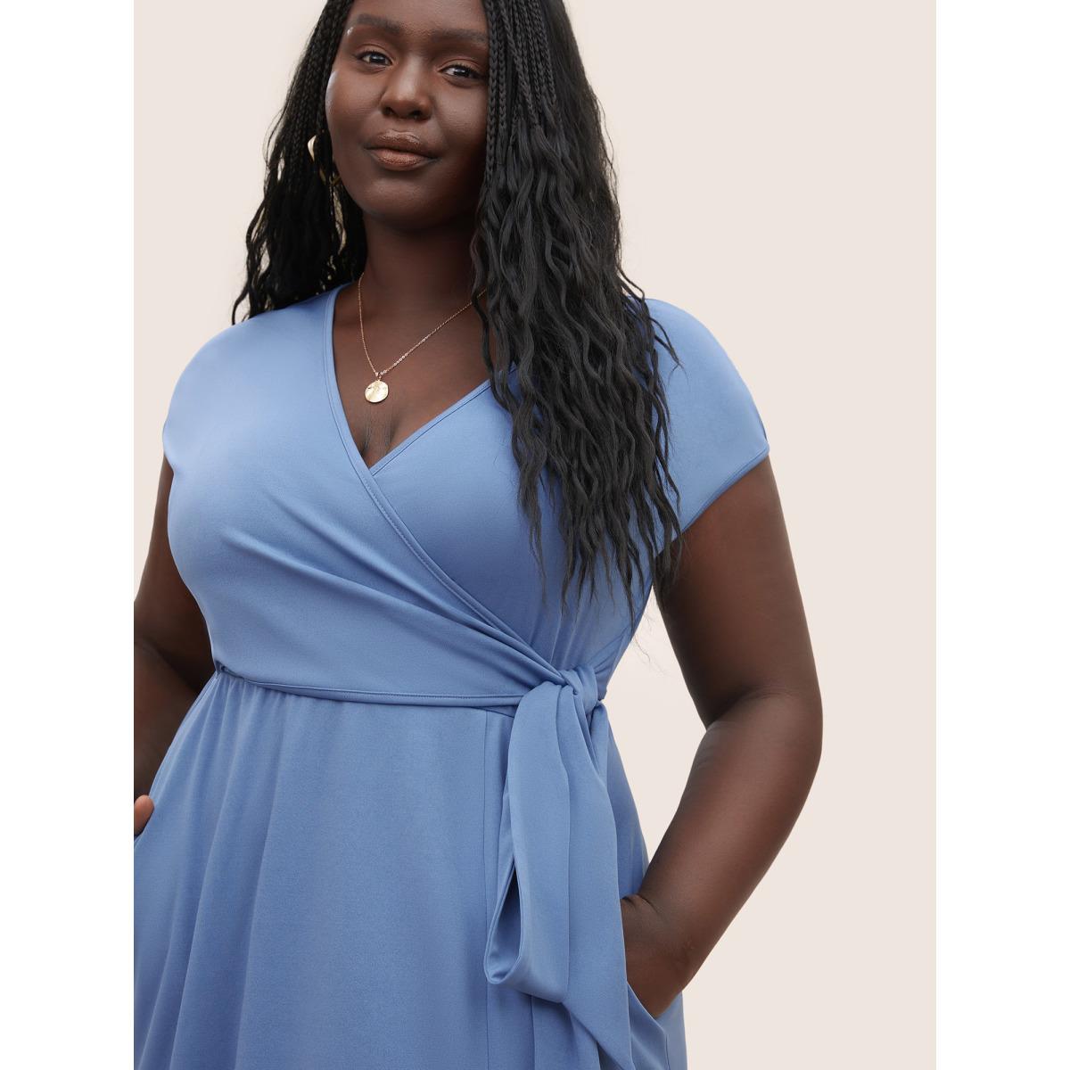 Plus Size Solid Ties Wrap Dolman Sleeve Split Side Dress Stone Women Basics Non Overlap Collar Cap Sleeve Curvy Midi Dress BloomChic 26/4X Product Image