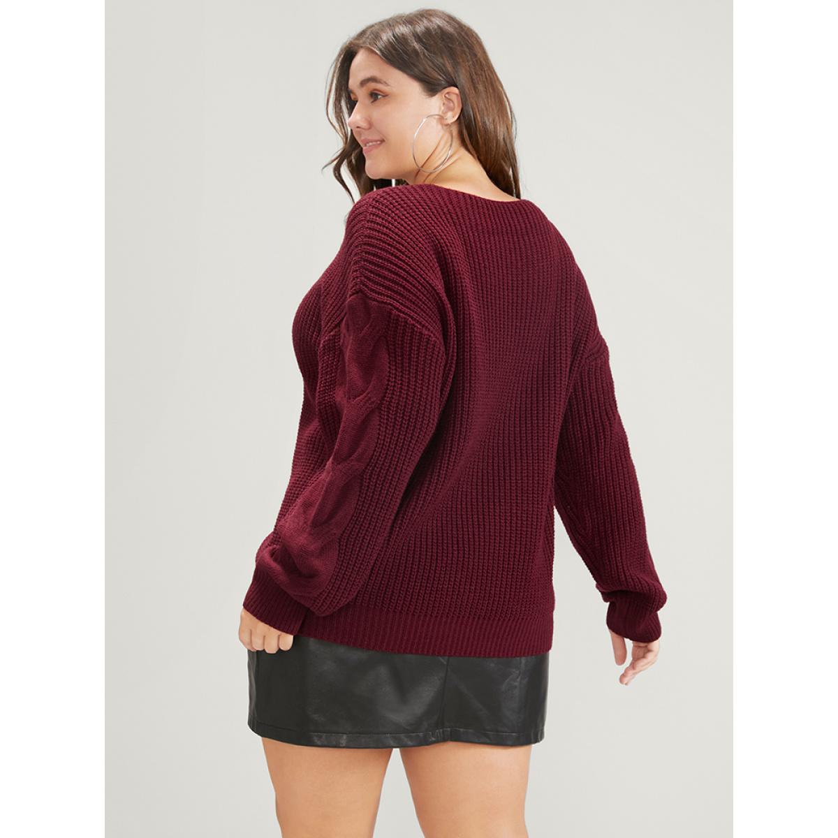 Plus Size Solid Pointelle Knit V Neck Cable Knit Top Scarlet Women Elegant Loose Long Sleeve V-neck Dailywear Pullovers BloomChic 26/4X Product Image
