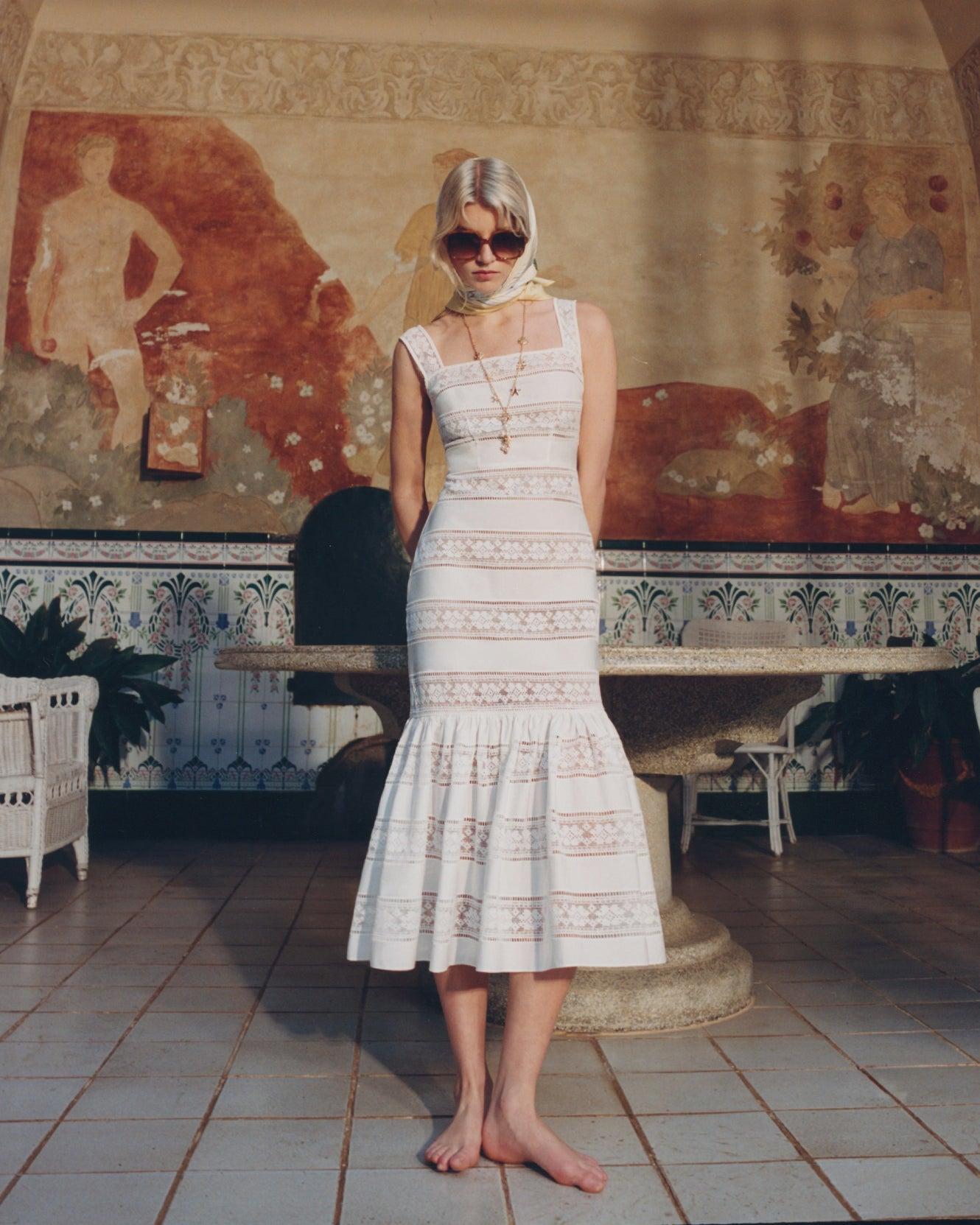White Cotton Embroidered Midi Dress Product Image