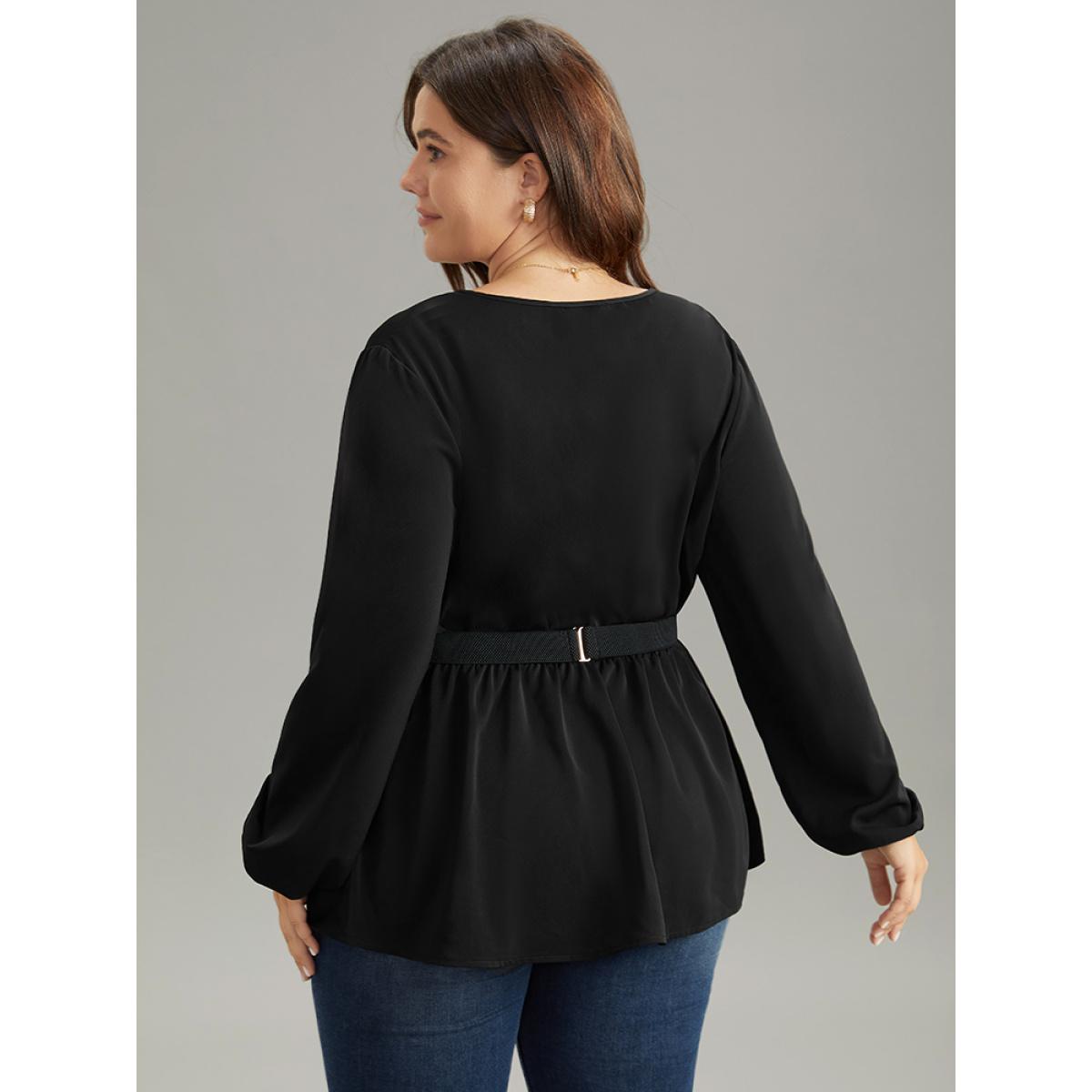 Plus Size Black Solid Wrap Flutters Style Accents Belted Blouse Women Office Long Sleeve V-neck Office Blouses BloomChic 22-24/3X Product Image