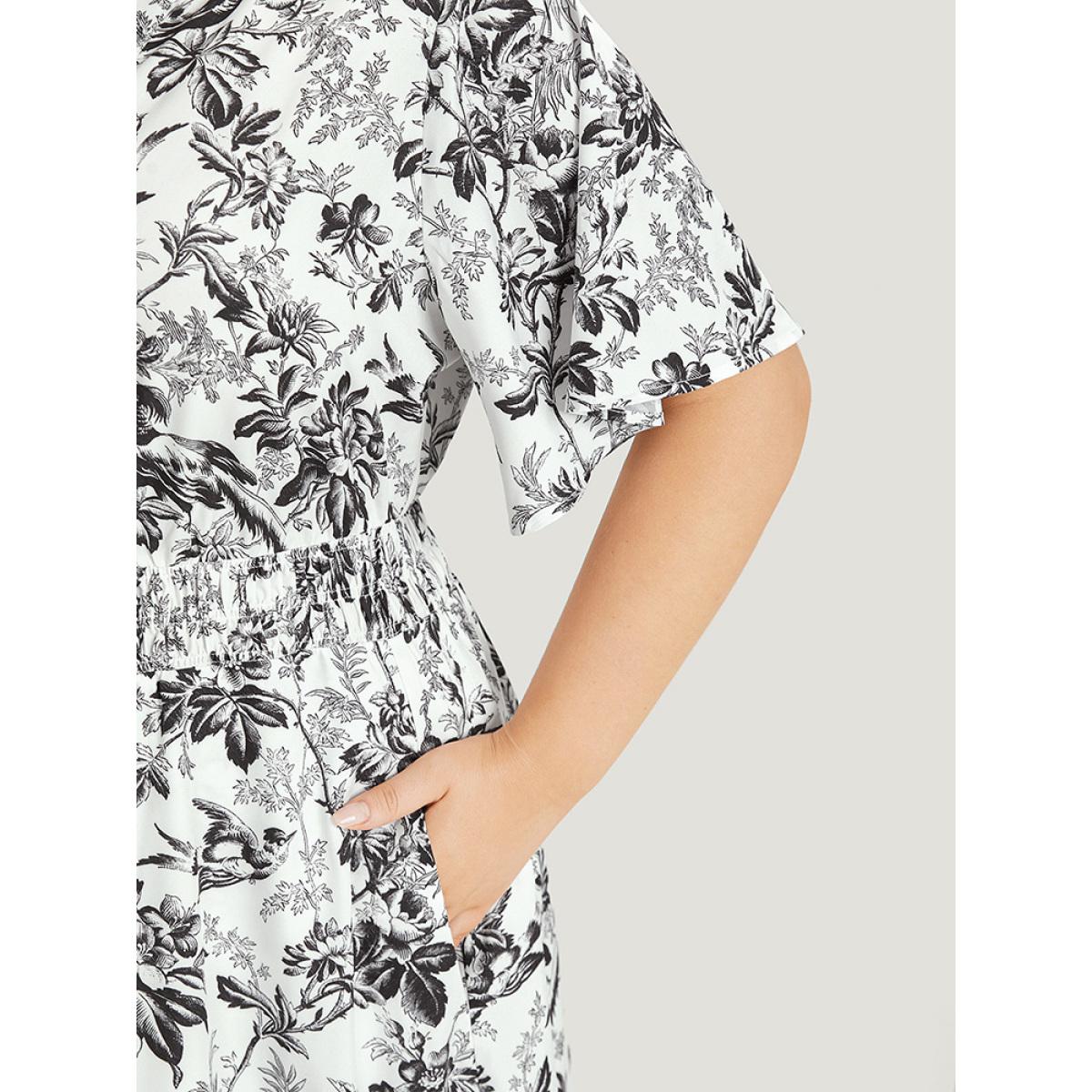 Plus Size Silhouette Floral Print Shirred Notched Pocket Ruffles Dress Black Women Elegant Shirred Notched collar Short sleeve Curvy Midi Dress BloomChic 22-24/3X Product Image