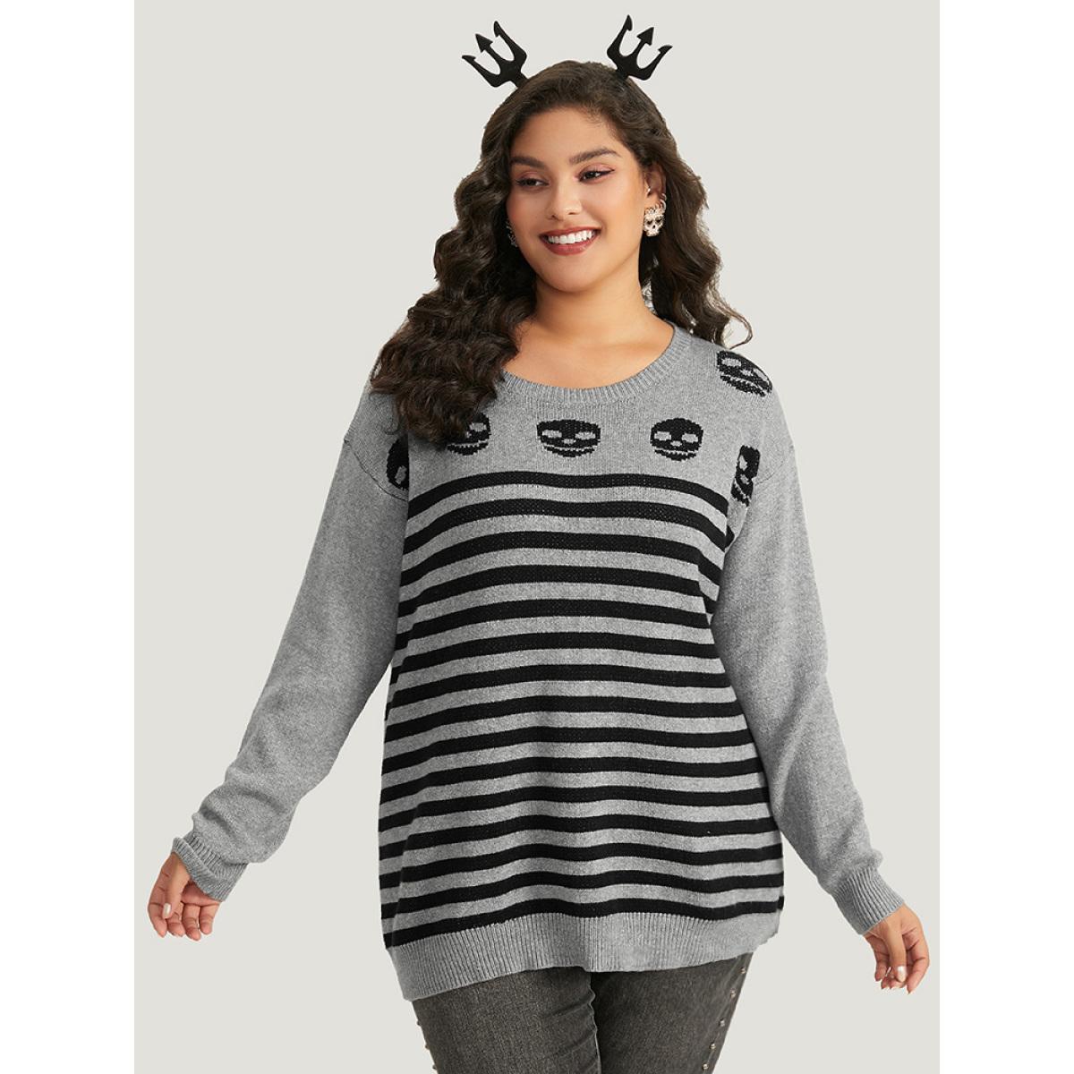 Plus Size Halloween Supersoft Essentials Skull Print Striped Round Neck Pullover DarkGray Women Casual Long Sleeve Round Neck Festival-Halloween Pullovers BloomChic 26/4X Product Image