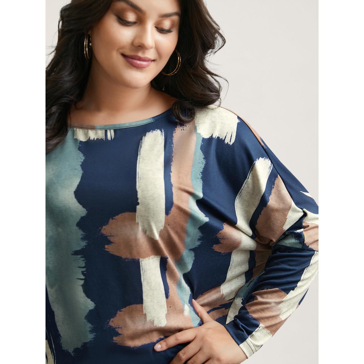 Plus Size Abstract Print Dolman Sleeve T-Shirt Multicolor Women Casual Contrast Boat Neck Everyday T-shirts BloomChic 18-20/2X Product Image