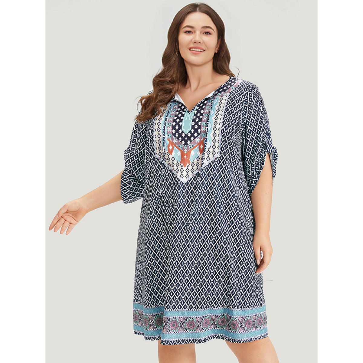Plus Size Bandana Print Pocket Button Knot Neck Dress DarkBlue Women Vacation Button V-neck Elbow-length sleeve Curvy Knee Dress BloomChic 28/5X Product Image