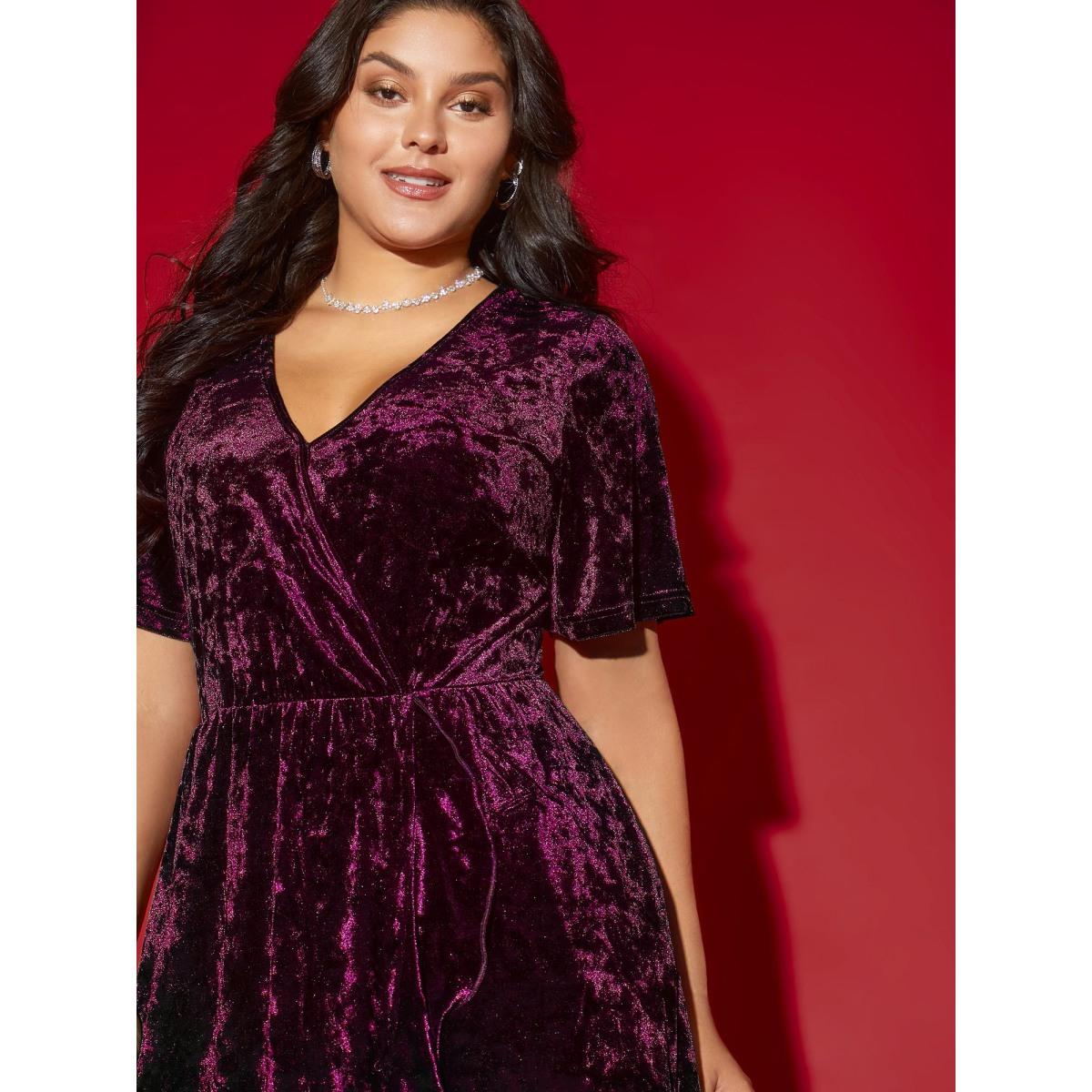 Plus Size Velvet Surplice Neckline Ruffle Sleeves Midi Dress Deeppurplered Women Formal Texture Overlap Collar Short sleeve Curvy BloomChic 12/L Product Image